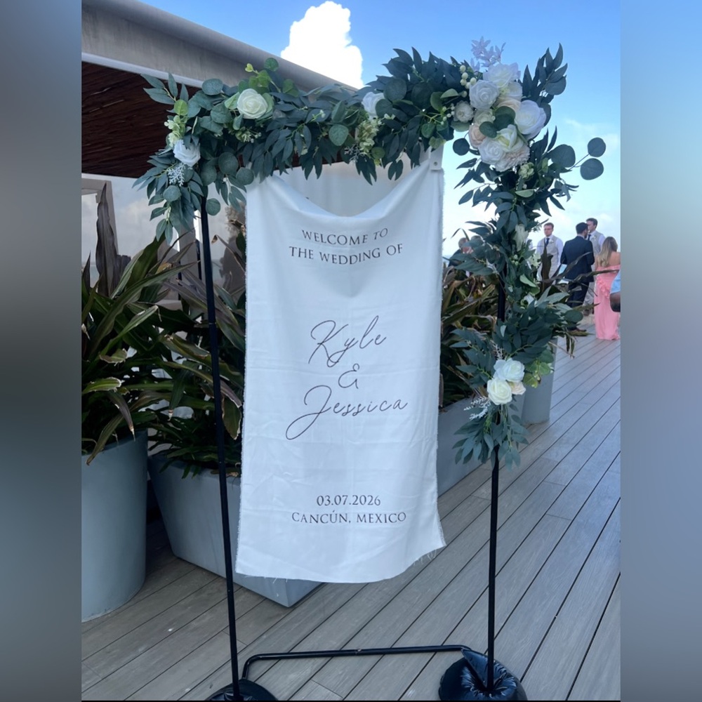 Wedding arch sign stand. Black stand and greenery only.